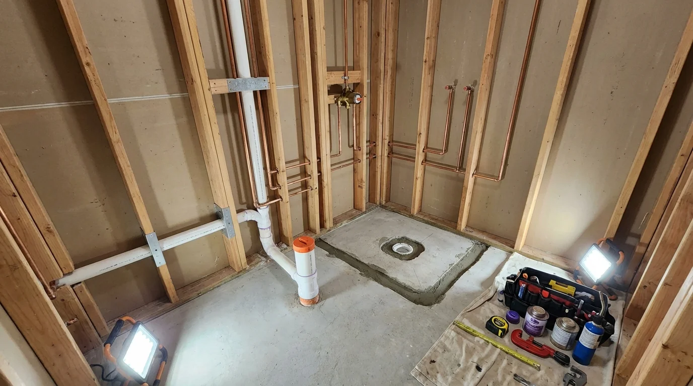 Bathroom rough-in plumbing during remodel by Johns Plumbing LLC in Coweta