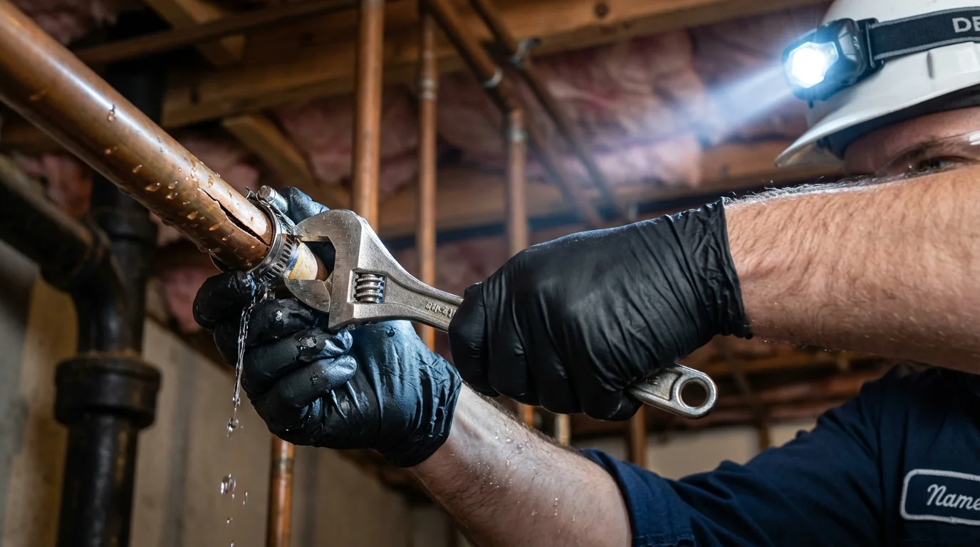 Emergency pipe clamp repair being performed by a Johns Plumbing LLC plumber in Coweta