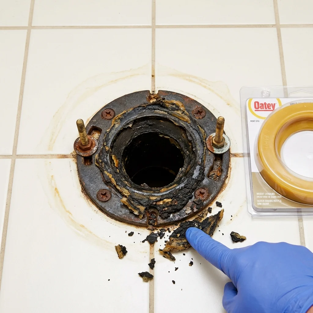 Failed wax ring showing water seepage at the base of a toilet in a Coweta, OK home
