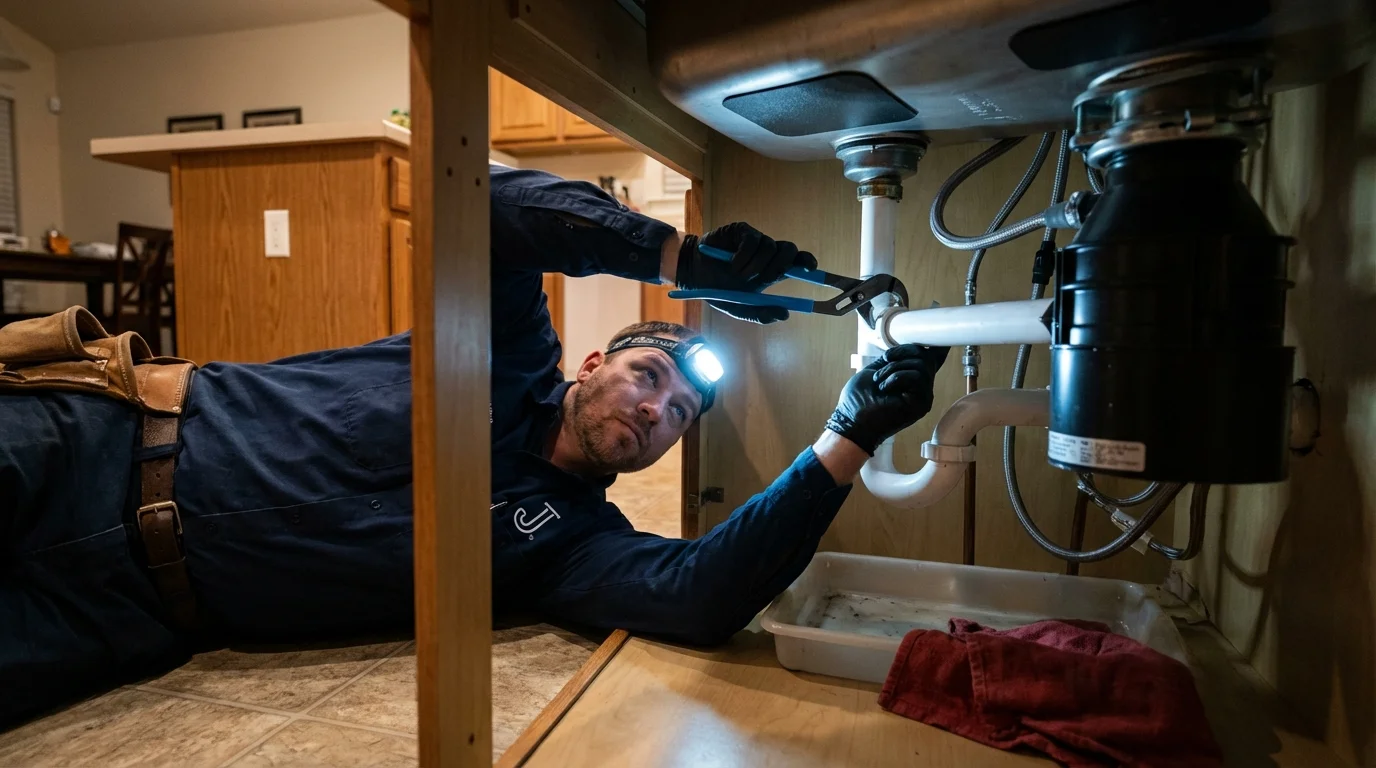 P-trap and supply line connections under a kitchen sink showing a common leak point in Coweta, OK